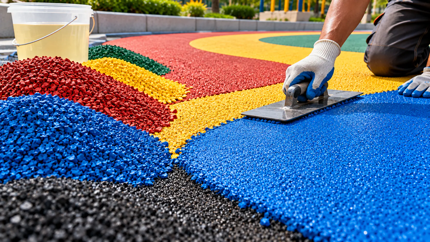 Installation of colored EPDM rubber granules with transparent PU binder