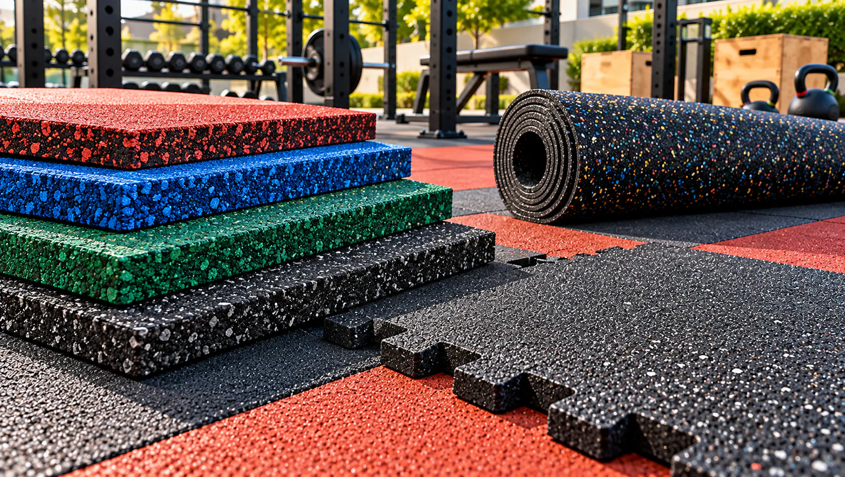 Rubber tiles and rolls for gym flooring