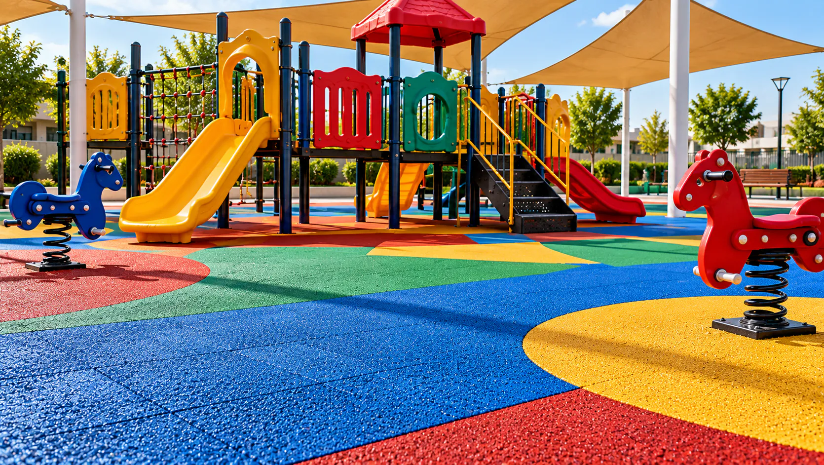 Colored rubber flooring for playground surfaces