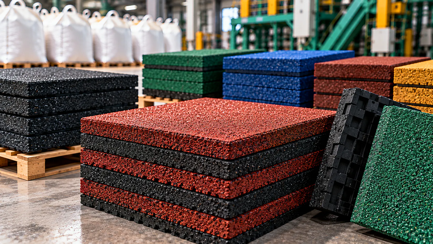 Colored rubber flooring tiles