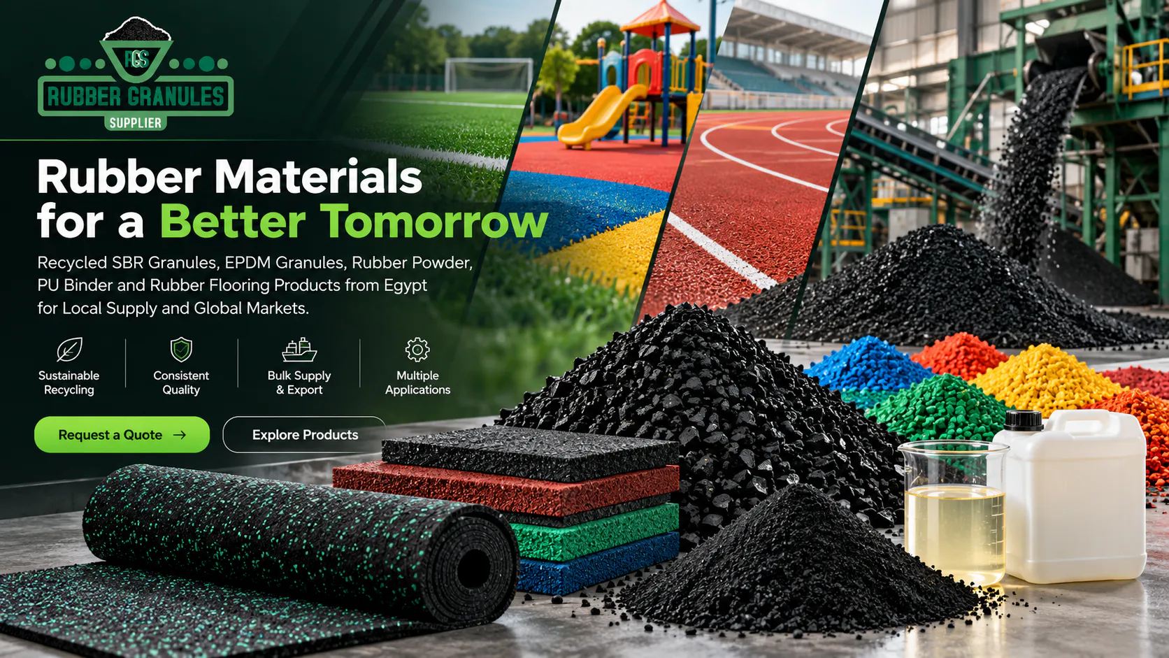 SBR rubber granules, colored EPDM granules, rubber powder, PU binder, rubber tiles and rubber rolls