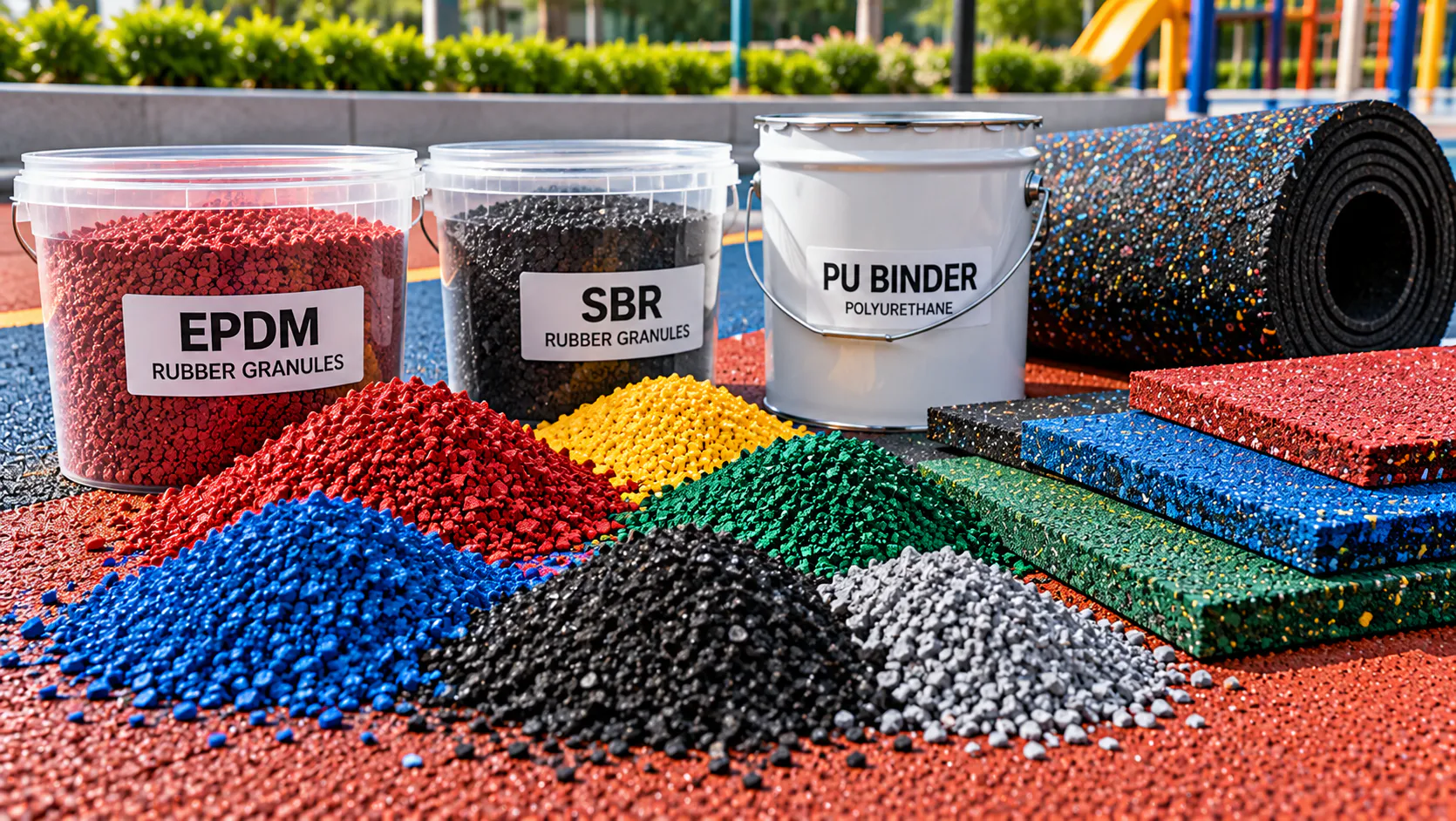 SBR rubber granules, EPDM granules, PU binder, rubber tiles and rubber rolls